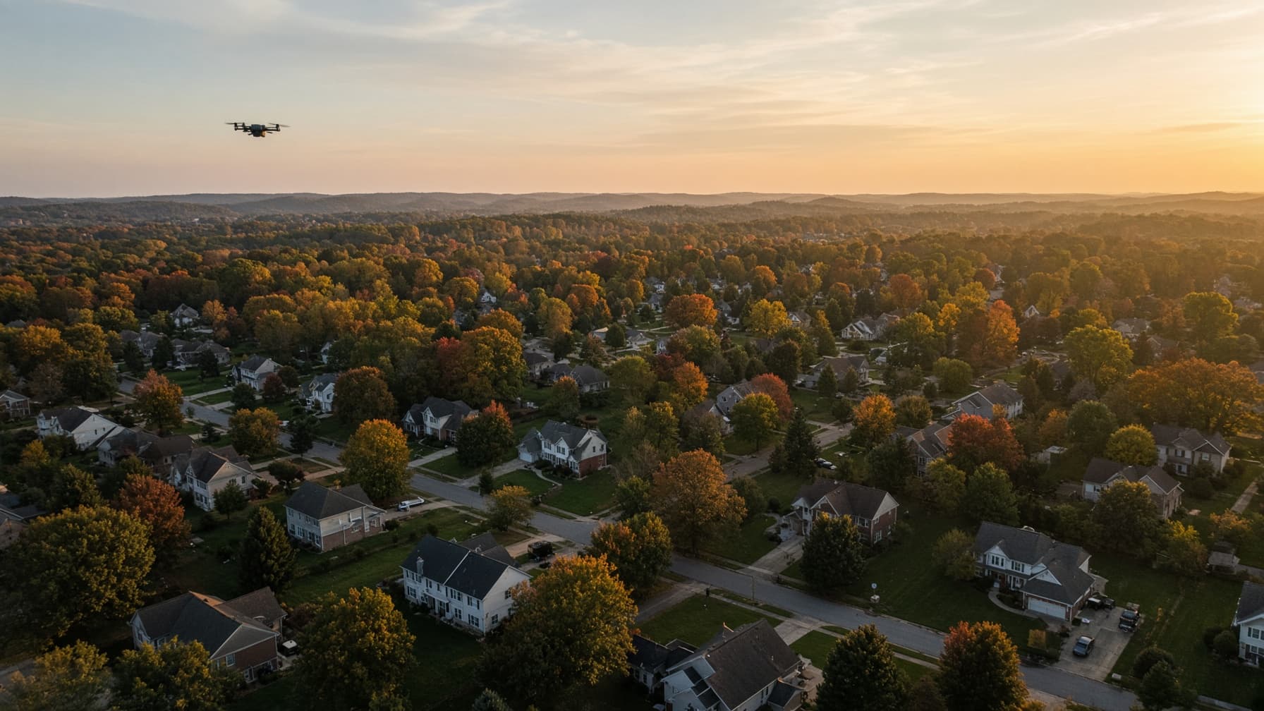 Aerial view of a Northeast Ohio neighborhood at golden hour