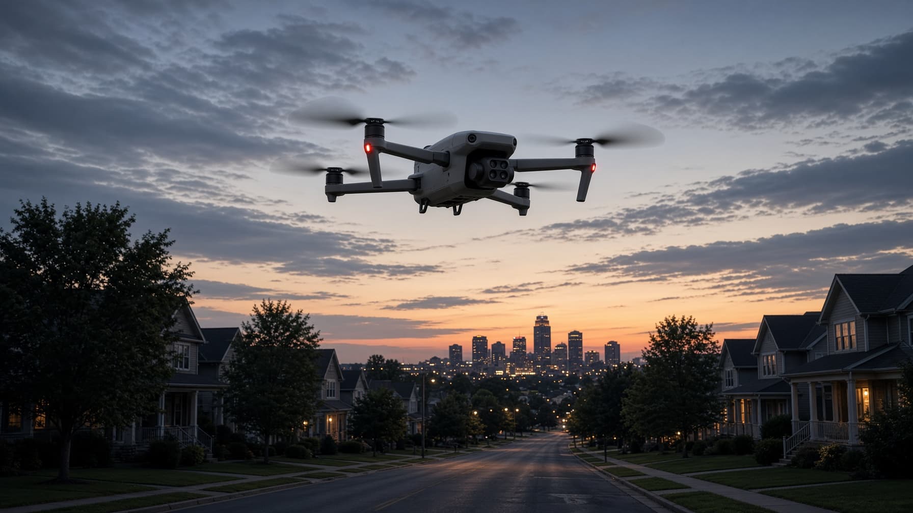 Enterprise drone over a suburban Ohio street at dusk