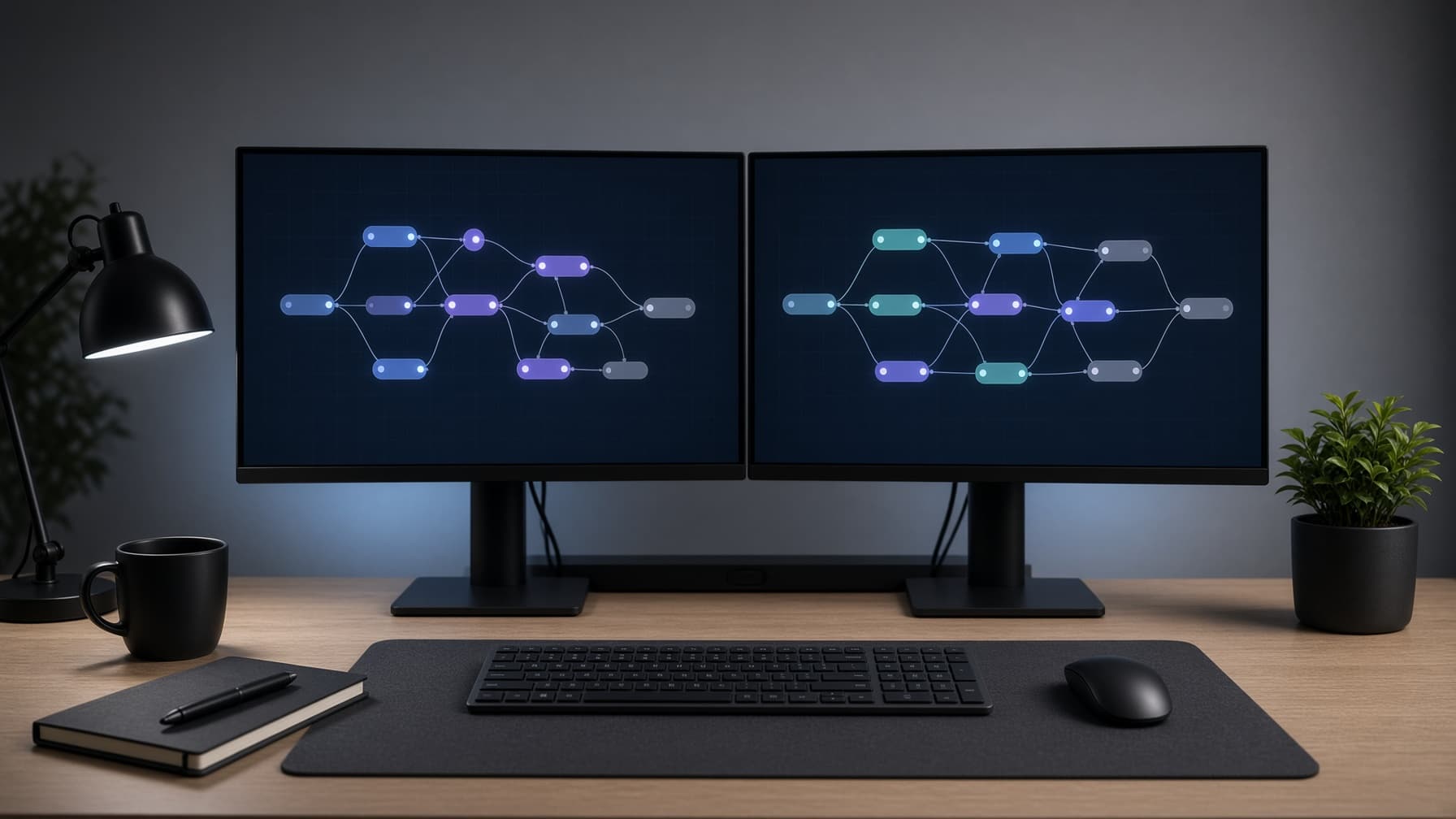 Desk monitors showing abstract automation workflows